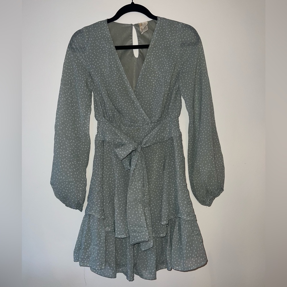 Japna Sage Green Polkadot Long Sleeve Mini Dress